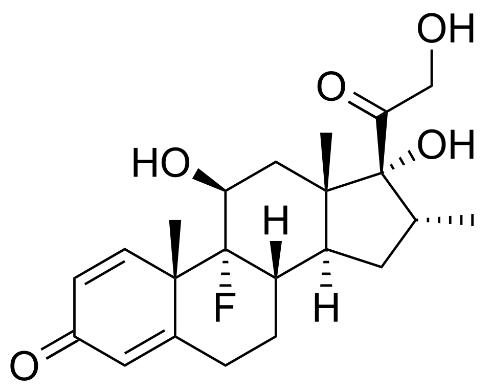 Skeletal chemical structure of dexamethasone, a multi-ring steroid with hydroxyl, ketone, and fluorine substituents.